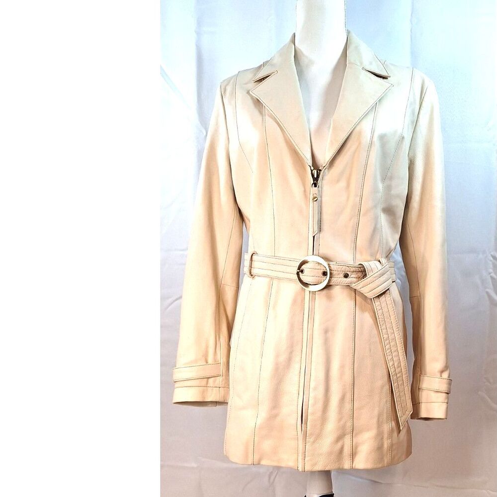 Wilson's Leather Pelle Studio Cream Belted Leather Ladies Jacket Size M